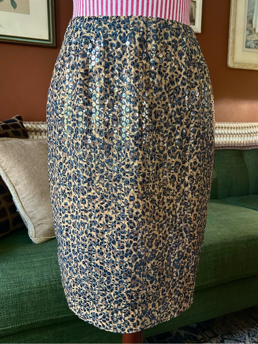 Vintage Leopard Print Pencil Skirt Sequin Sparkly 90s Retro Party Carlisle Sz 4